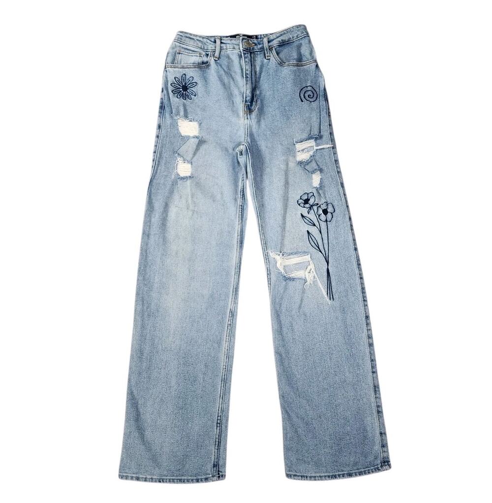 Hollister Ultra High Rise Dad Jeans Embroidered Vintage Stretch Light Wash Sz 26